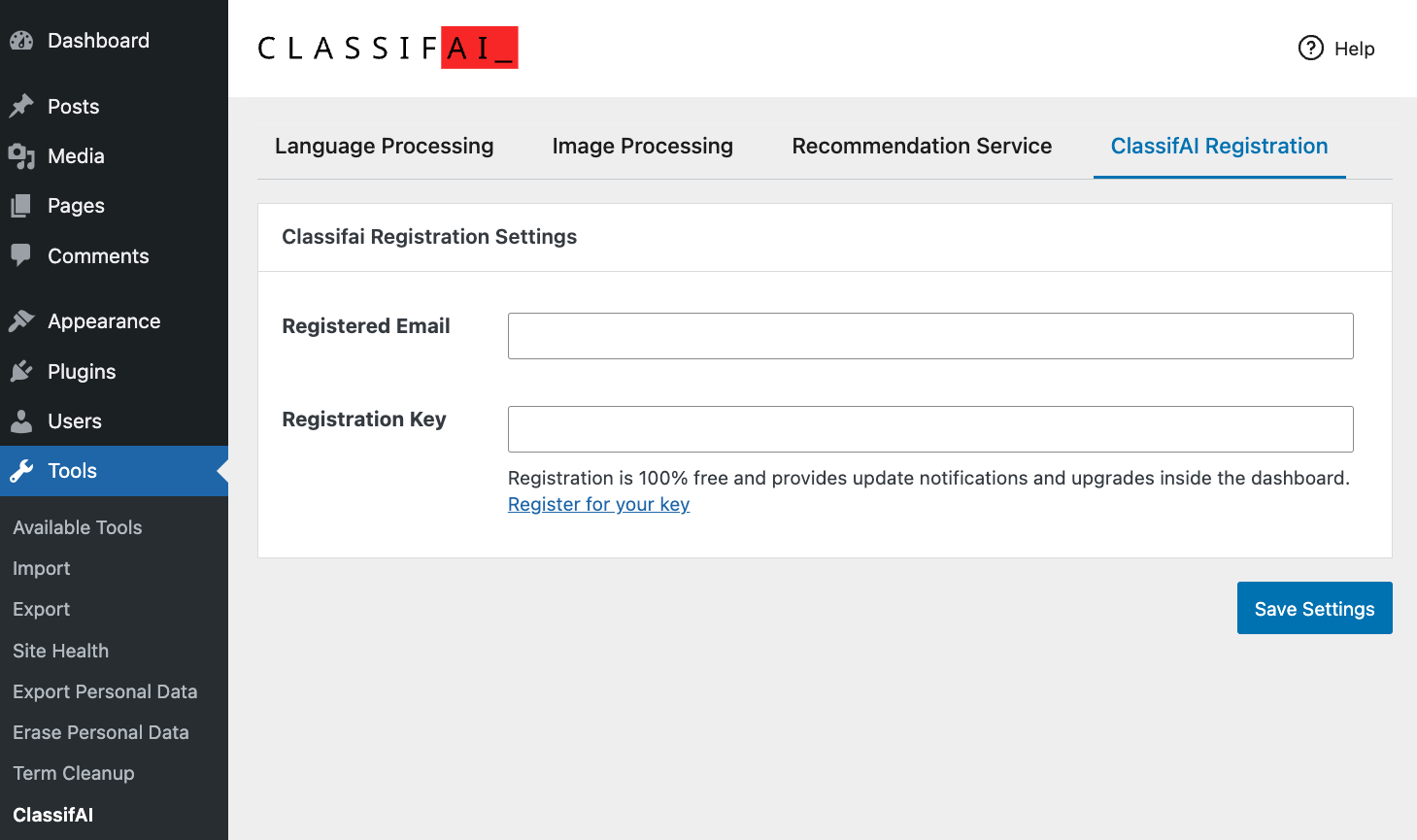 Screenshot of registration settings