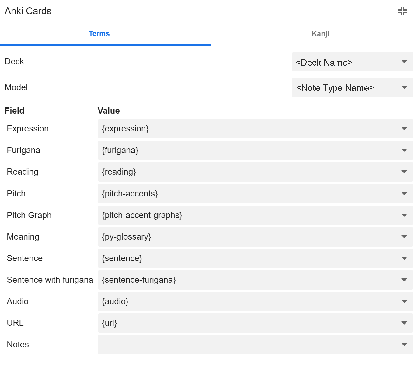 Screenshot of the Anki card configuration in Yomitan