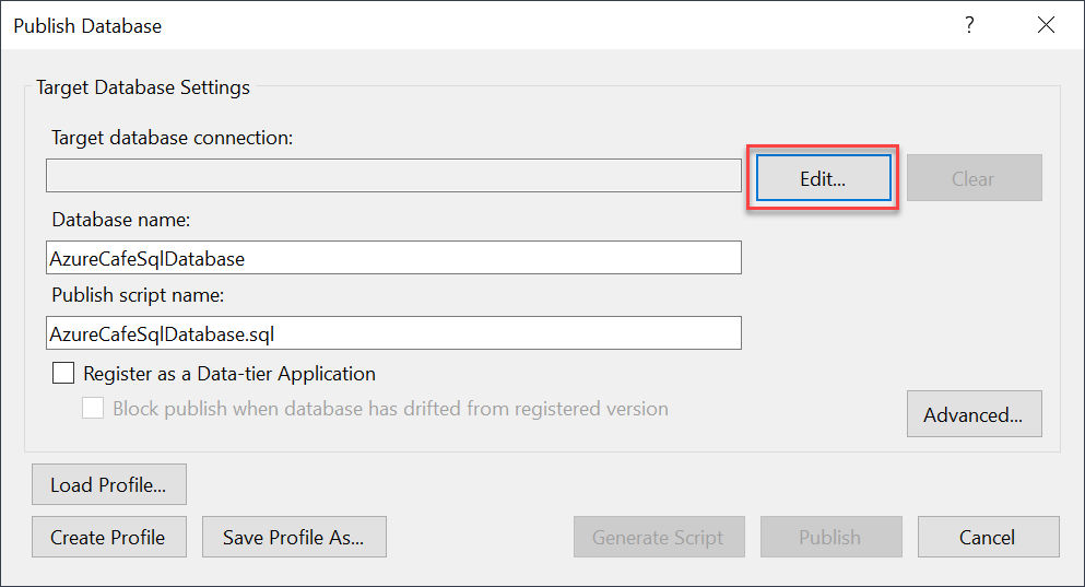 The Publish Database dialog displays with the Edit button highlighted next to the Target database connection field.