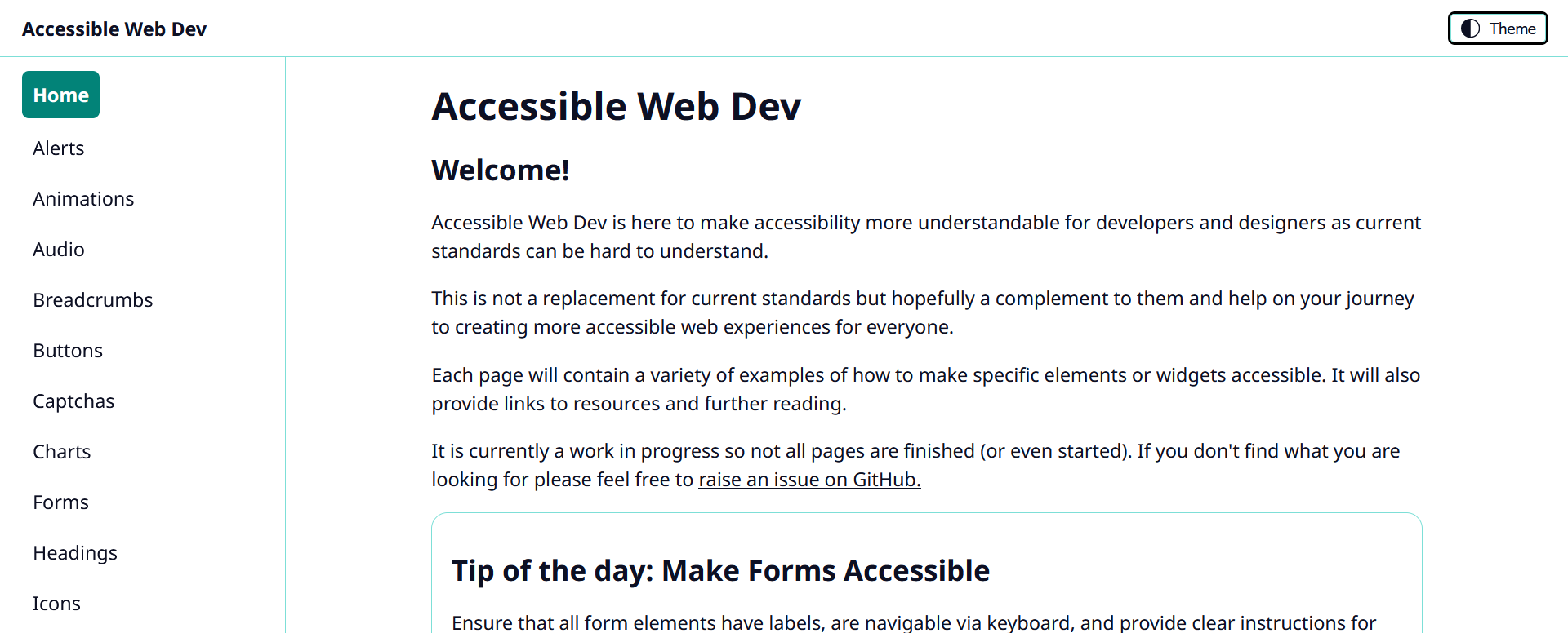 Screenshot of Accessible Web Dev homepage showing a clean, accessible interface with key topics and resources.