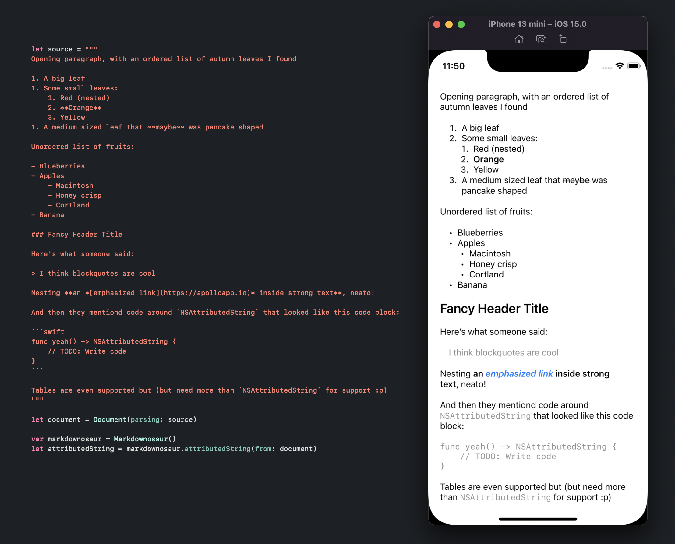 An iPhone simulator on the right displaying the result of rendering this repository's test.md file into a UILabel