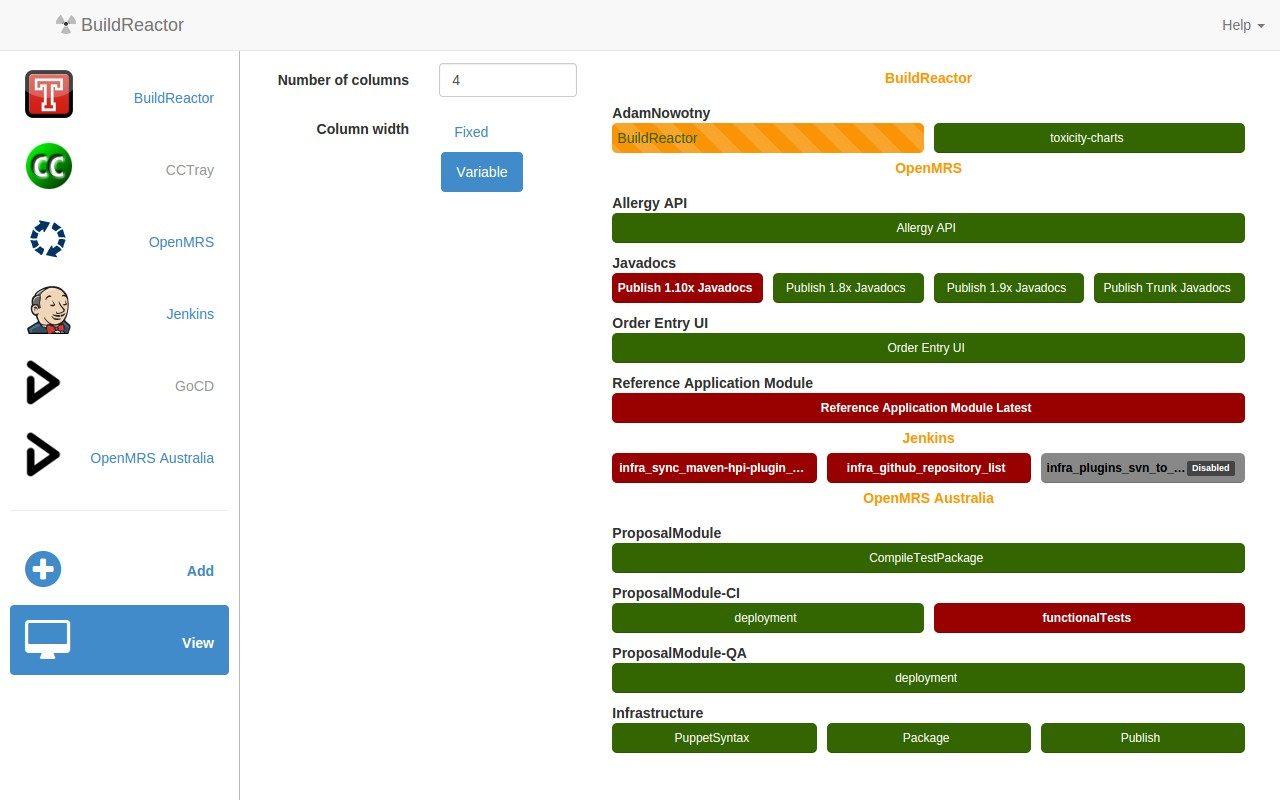 BuildReactor view configuration page