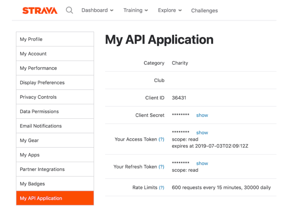 Image of Strava webpage where you can create the API