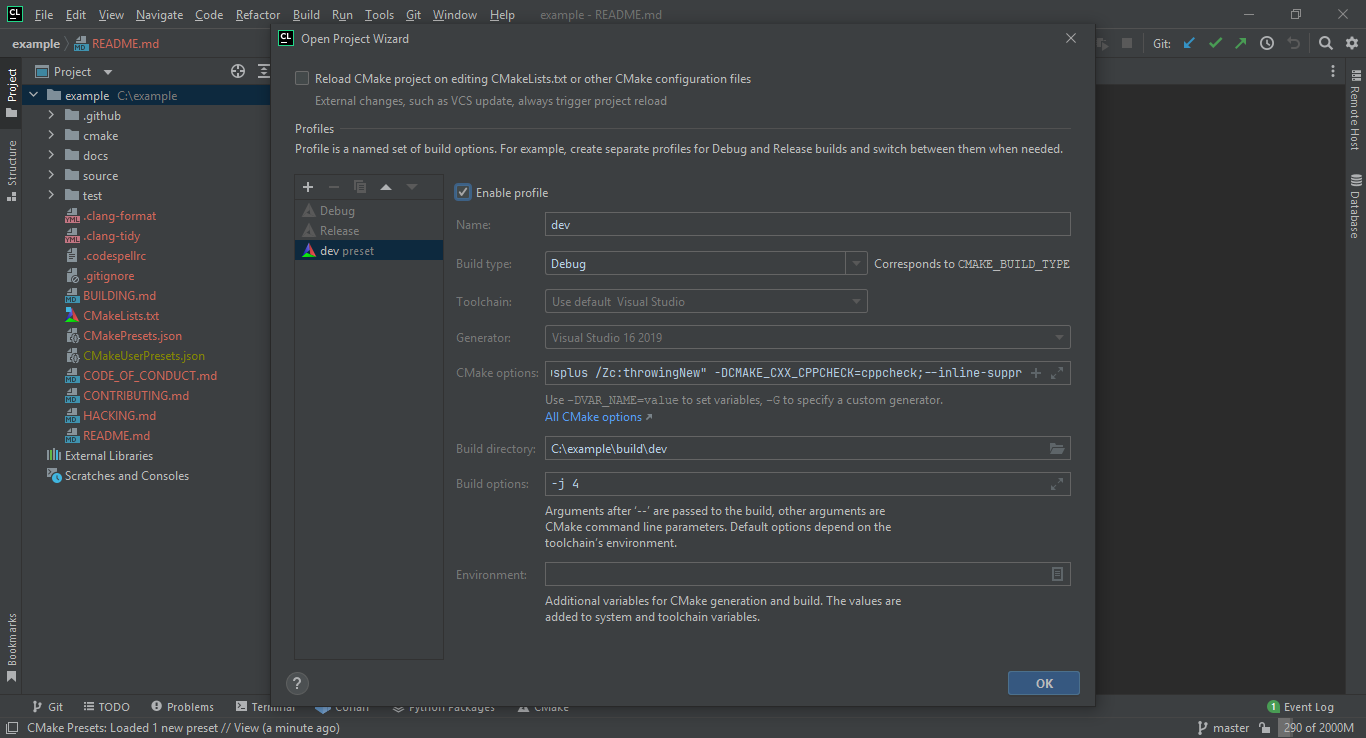 Selecting the dev preset in CLion