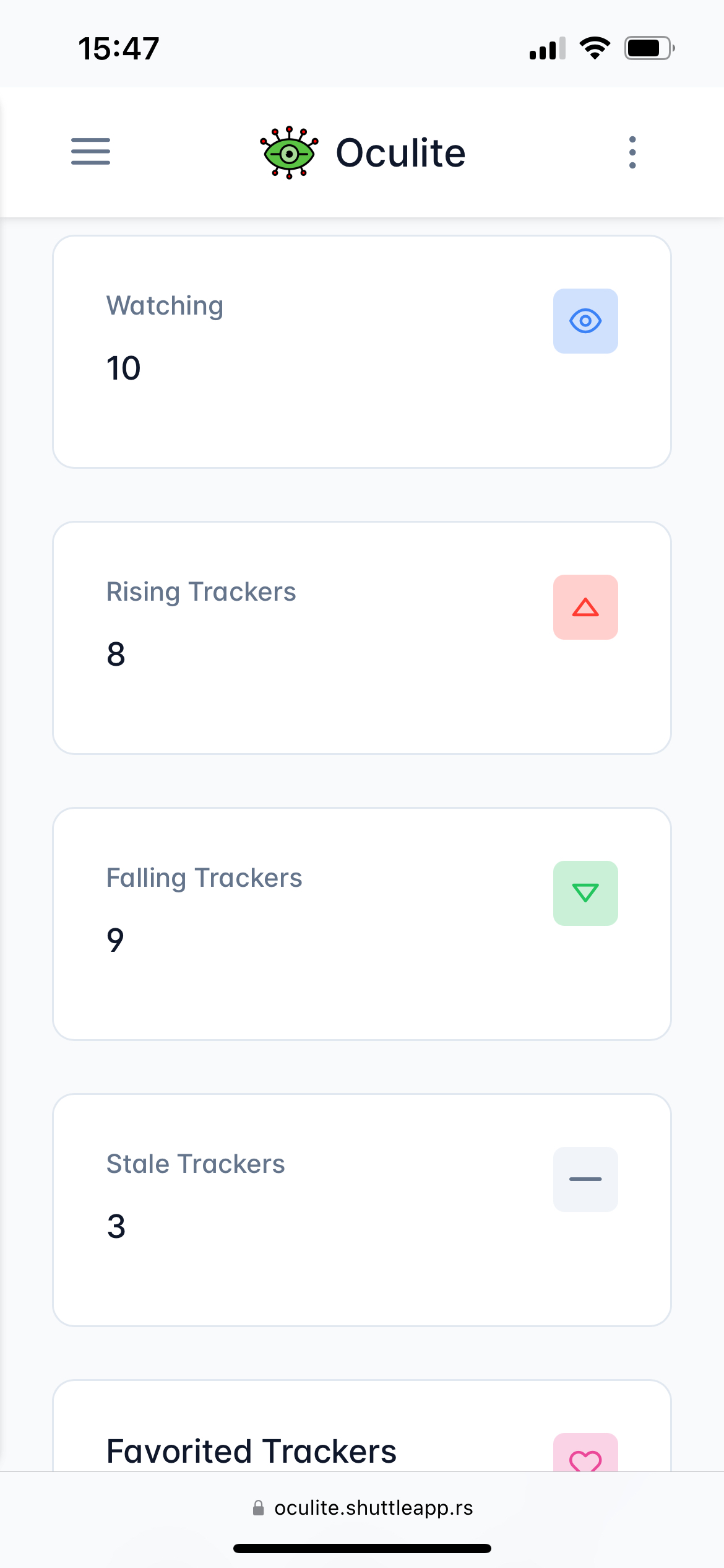 Oculite dashboard on mobile