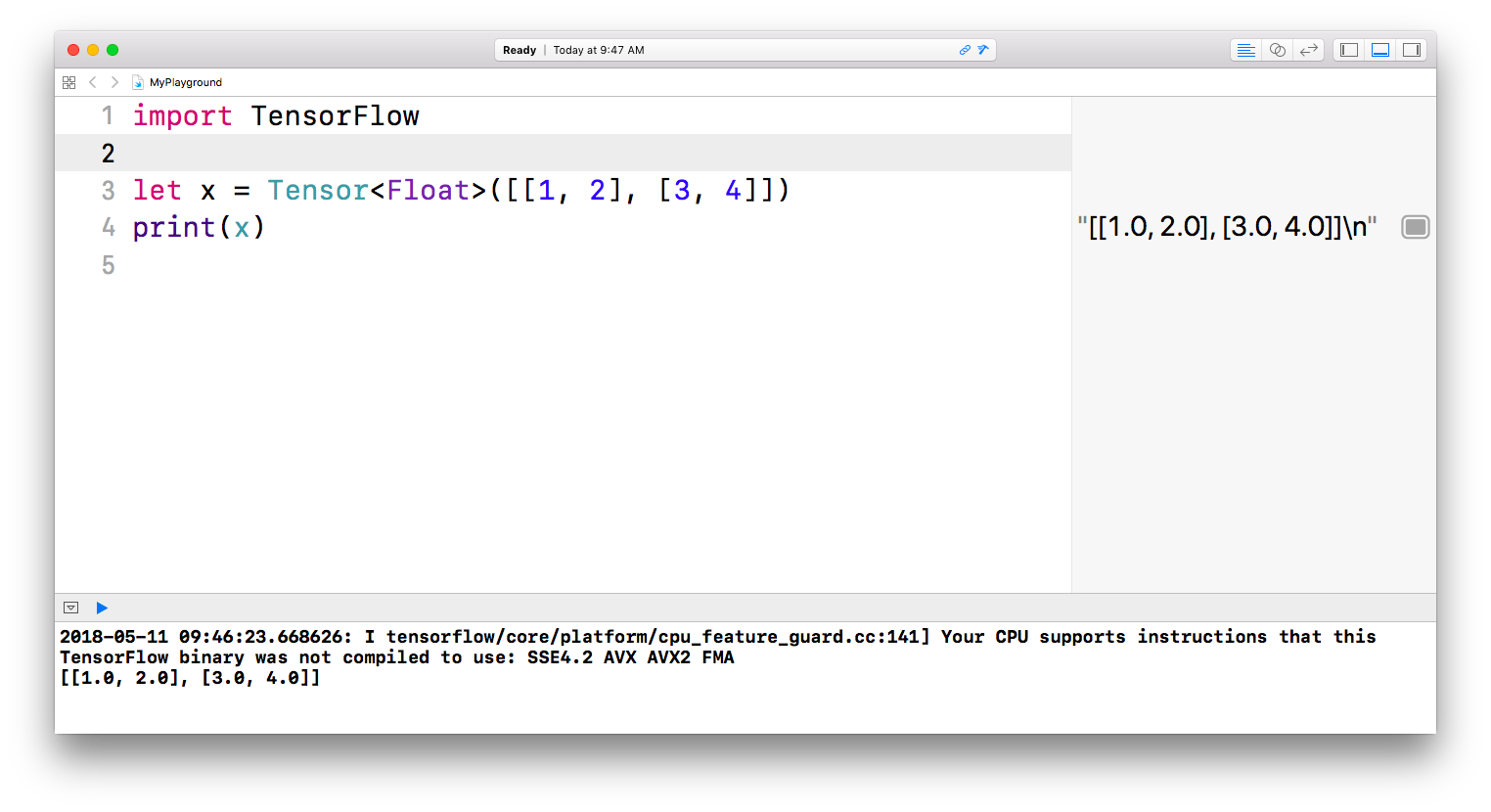 Playground running Swift for TensorFlow.