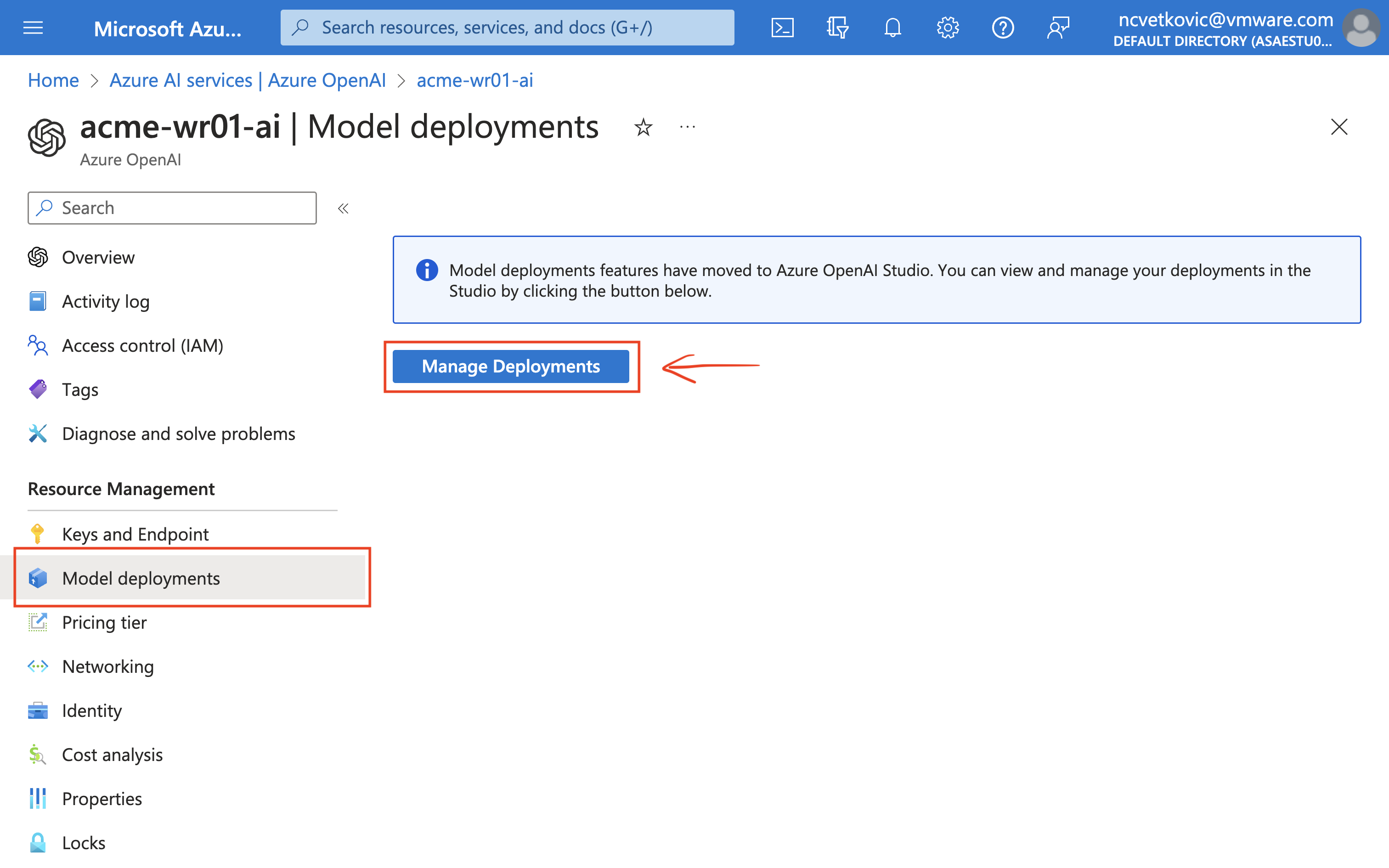 A screenshot of the Azure Portal OpenAI Services deployments.