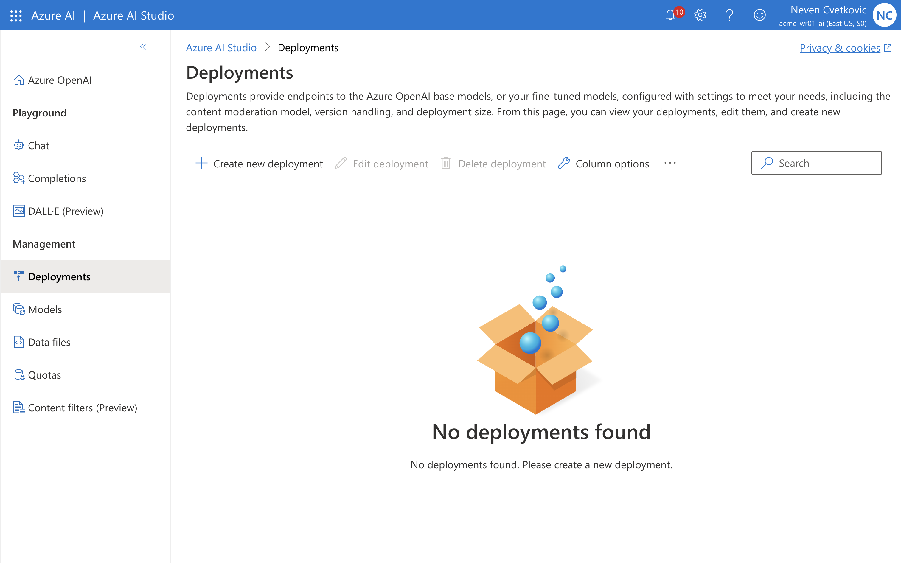 A screenshot of the Azure AI Studio with no deployments.