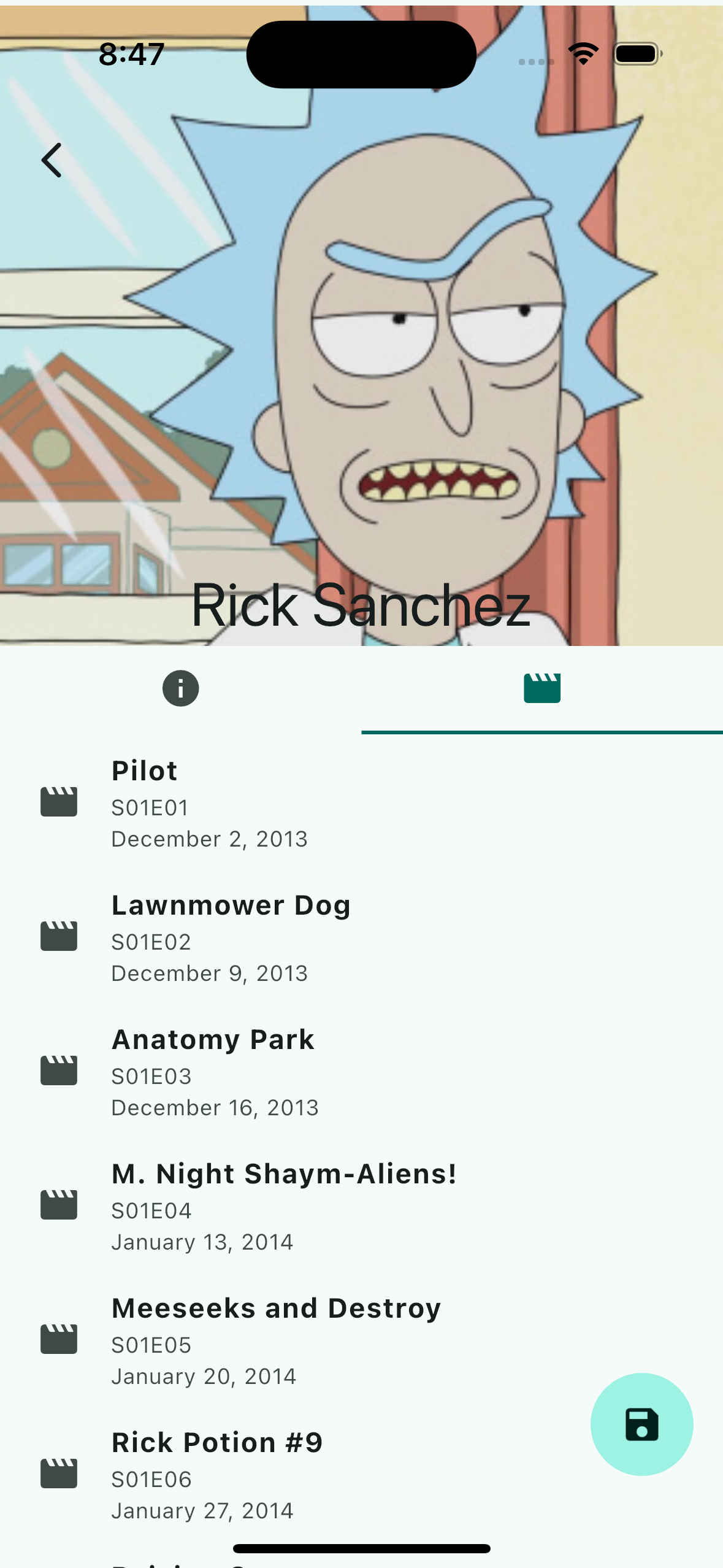 Character details with a list of episodes in which he appears.