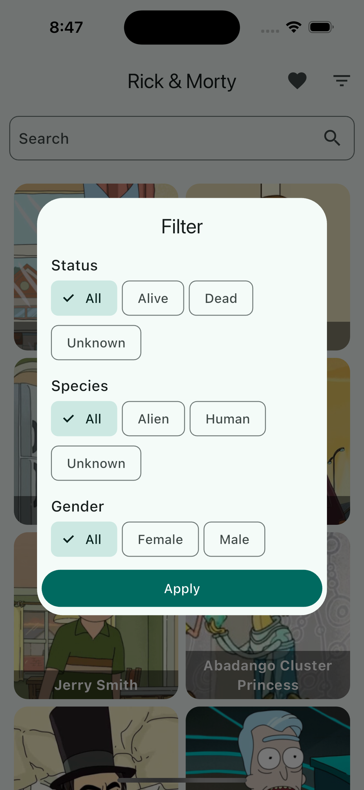 Application main screen,dialog with character list filtering options.