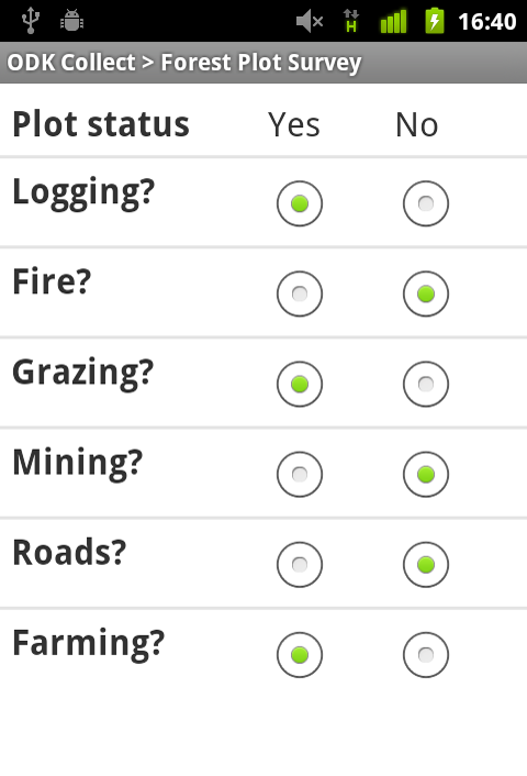 Screenshot of yes and no questions in a vertical list