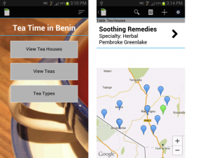 Left: The customized, HTML-based home screen for the sample app, Tea Time in Benin. Right: Datapoints can be visualized in several ways, all of which can be highly customized. Here we are visualizing tea houses from the Tea Time in Benin sample app based on their location.