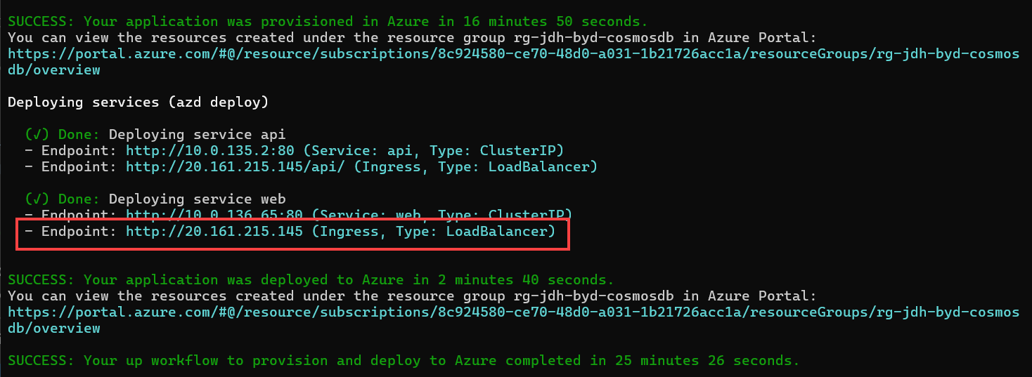 The terminal output after azd up completes shows the endpoint links.