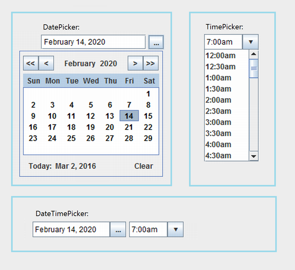 Screenshots DatePicker, TimePicker, and DateTimePicker