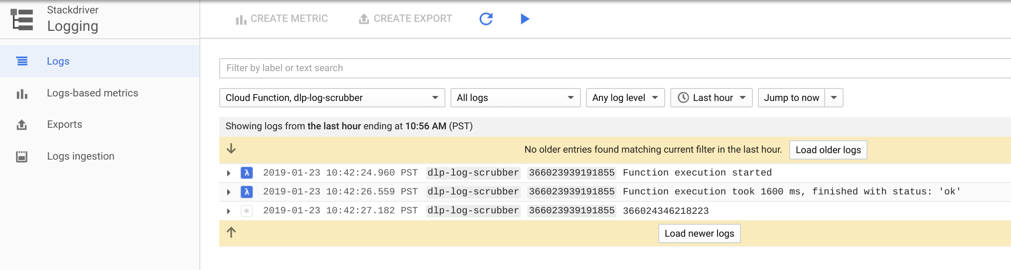 Stackdriver Cloud Function Screenshot