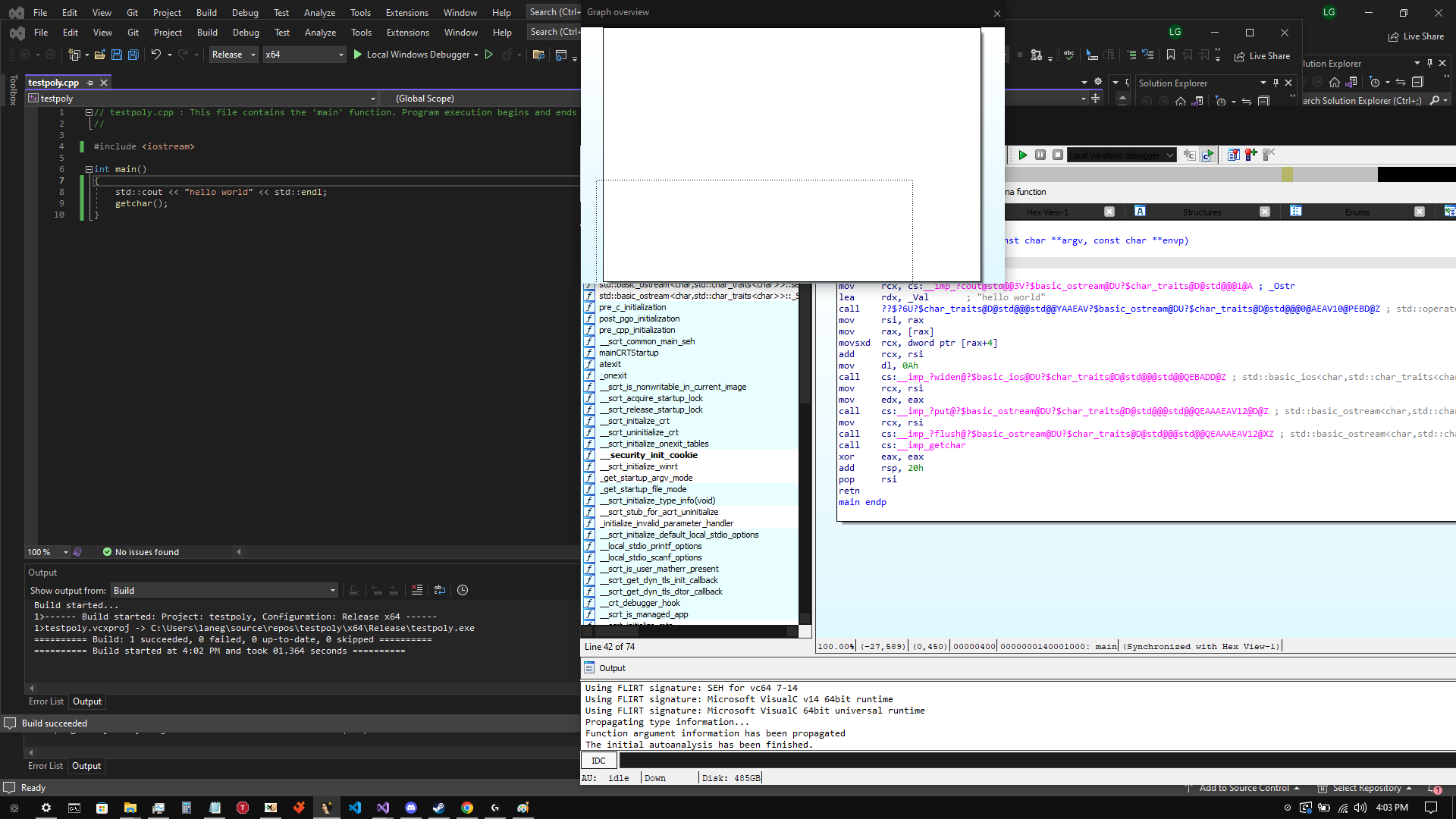 IDA view of hello world C++ program before polymorphic engine