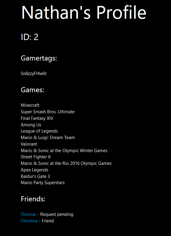 Profile page with the user's gamertags, favorite games, and friends.