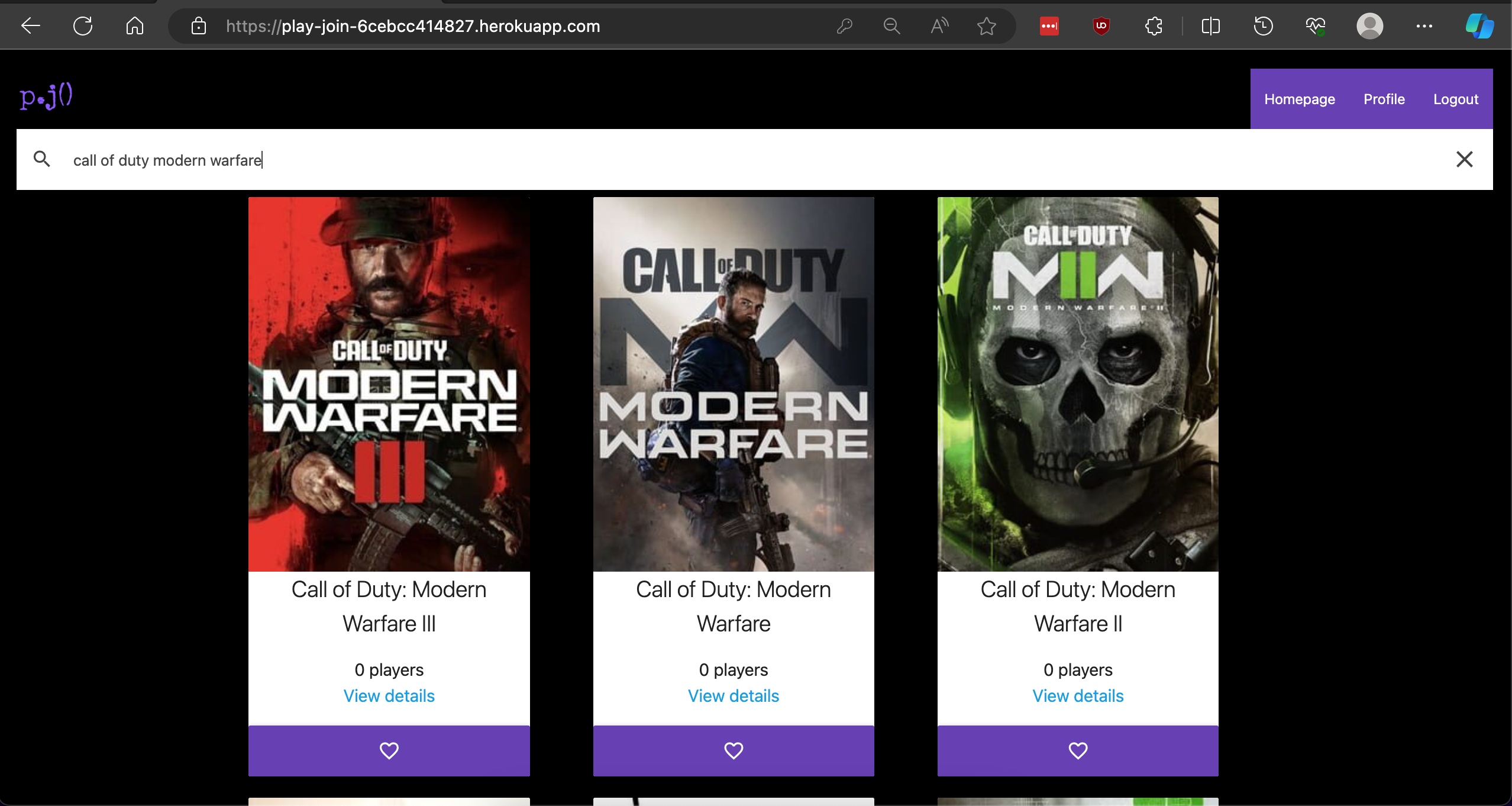 homepage with a search of call of duty games.