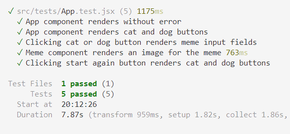 Screenshot of the terminal displaying test results, shows 4 tests run and all passed