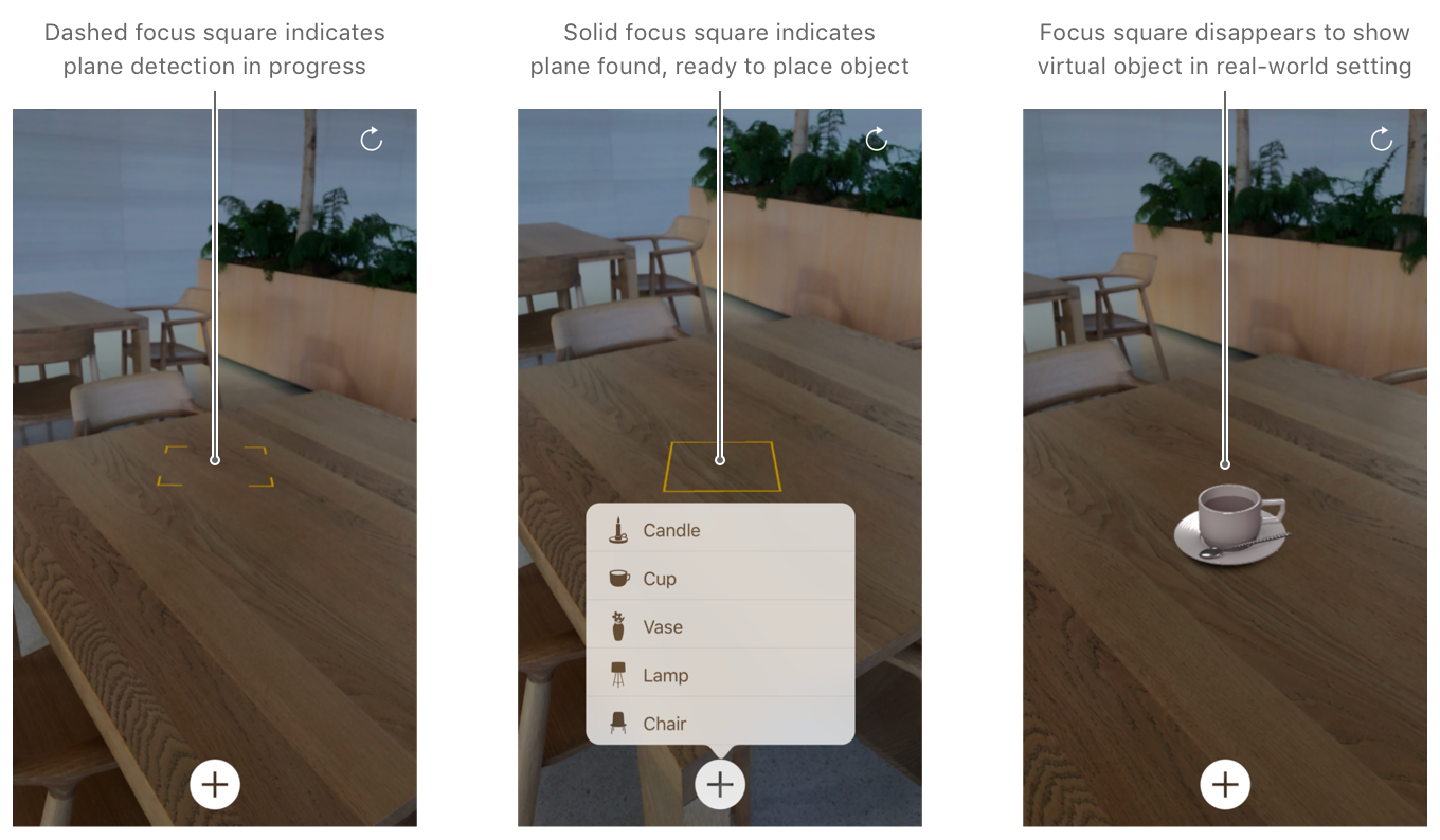 Focus square UI before and after plane detection, disappearing after object selected for placement