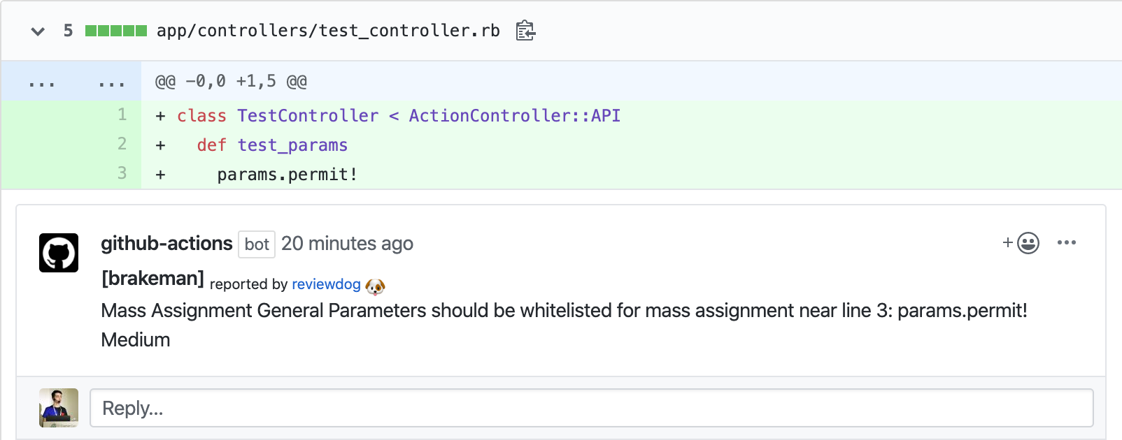 Example comment made by the action, with github-pr-review