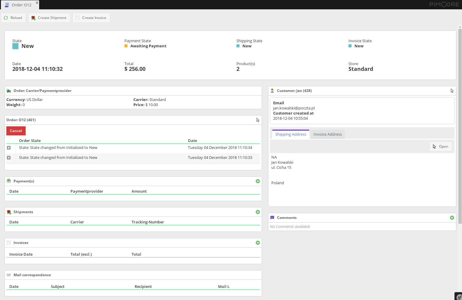 Order admin panel