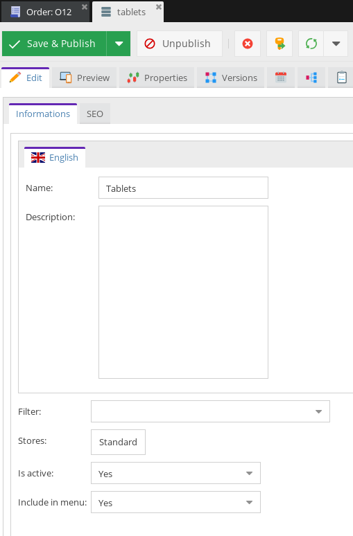 Category admin panel