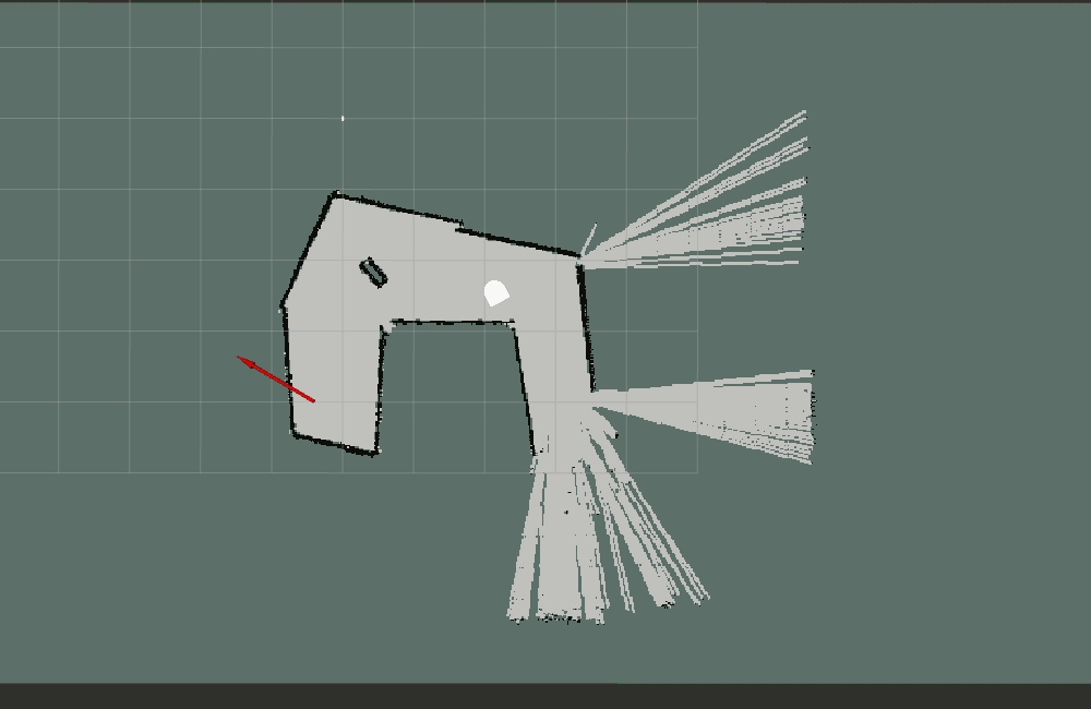 A video Depiction of a point cloud algorithm collapsing to localize the robot. Possible robot locations represented by arrows start thinly distributed across a map then gradually move together and concentrate in certain areas as the robot moves around. Gradually ares get stronger until there is a cluster of Arrows following the robot