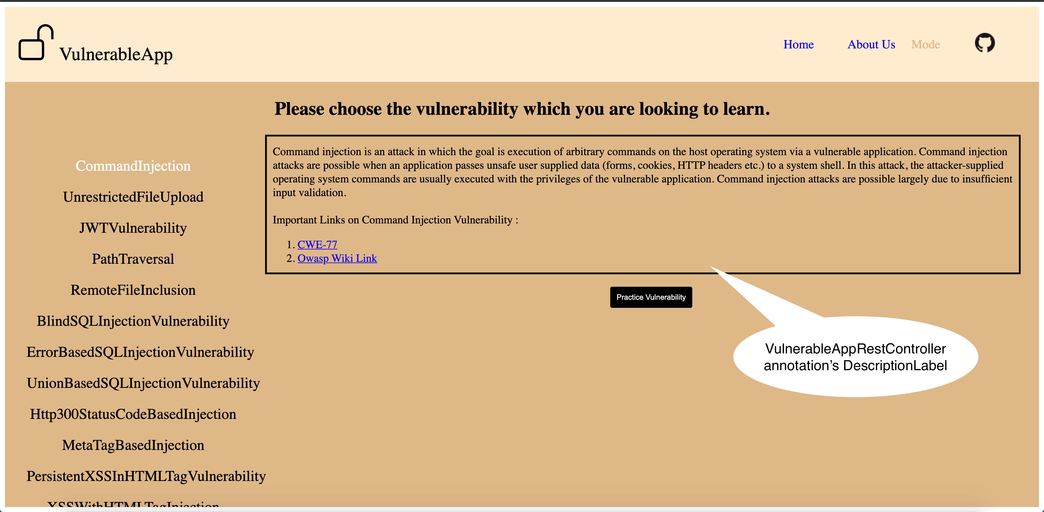 VulnerabilitySelection Page Description