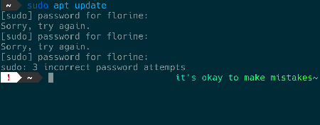 a command-line interface showing the text 'it's okay to make mistakes' after the user has failed to enter their password correctly three times in a row