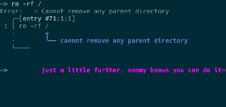 nushell showing the text 'just a little further, mommy knows you can do it' in the right prompt after running a command that has failed