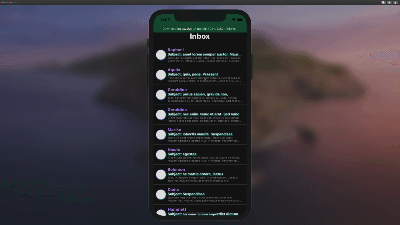 animated screenshot of a swipeable flatlist email inbox mockup using react-native-swipeable-list