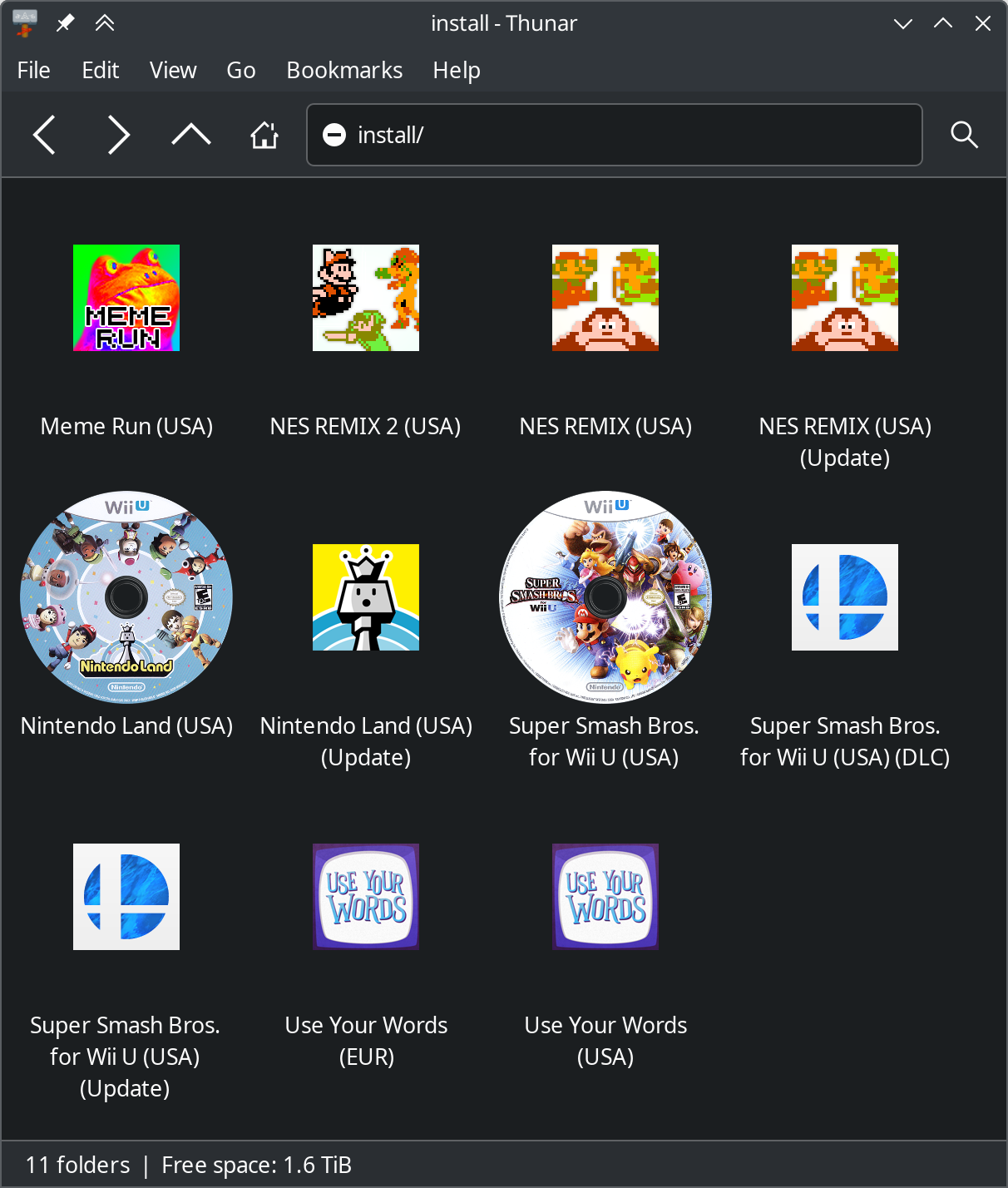 Thunar showing Wii U packages.