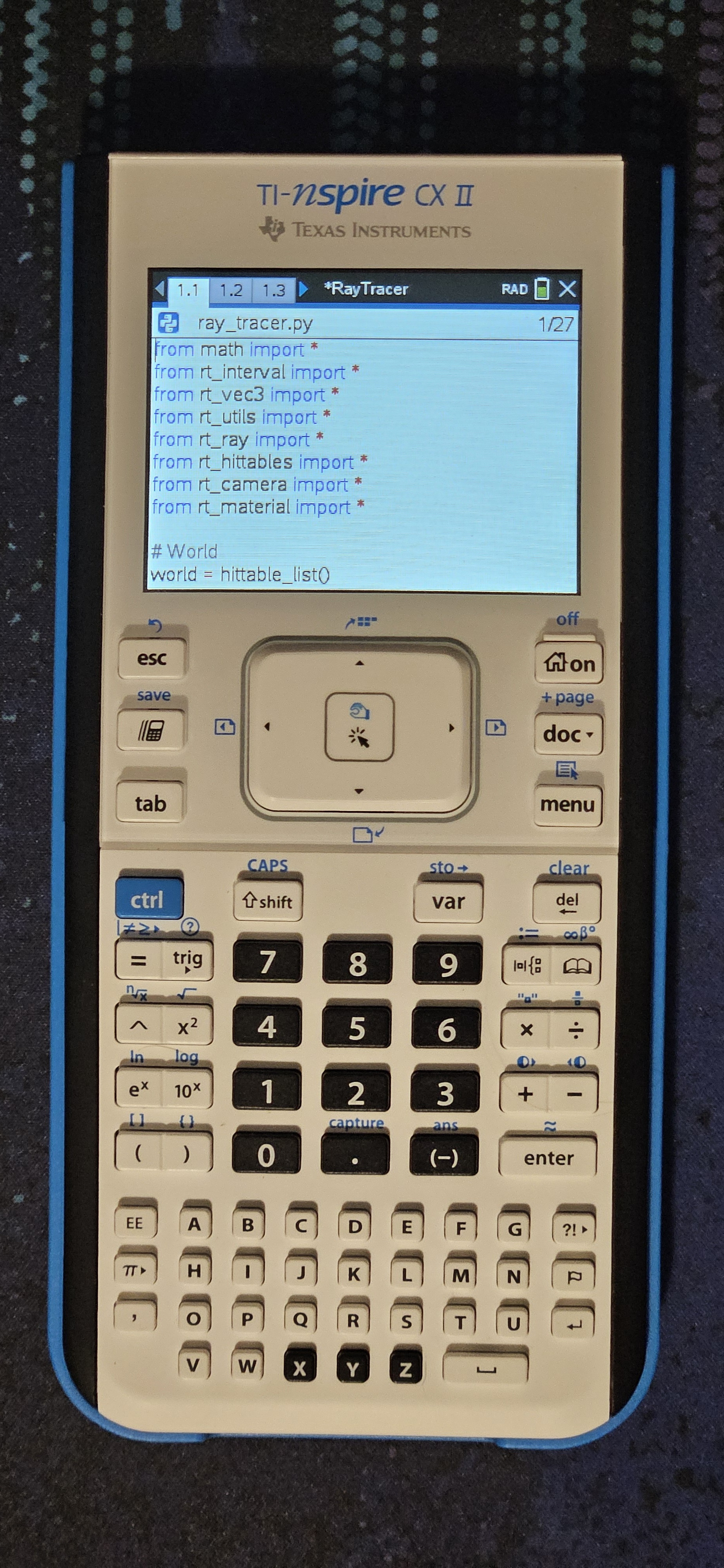 My TI-Nspire CX II, showing an open Python file.