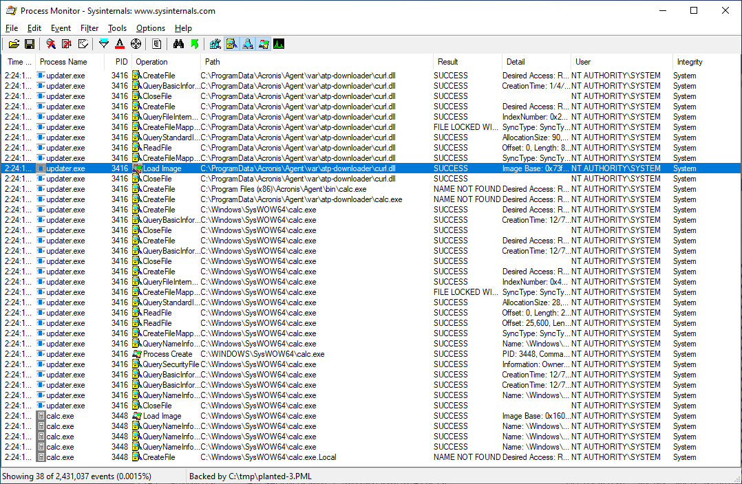 "Process Monitor log of planted curl.dll"