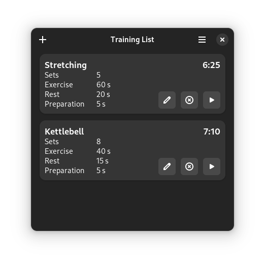 A screenshot of Exercise Timer's exercise list UI