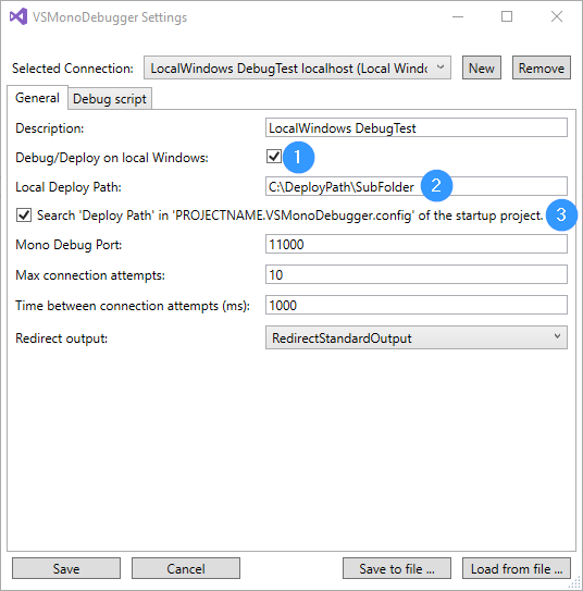 VSMonoDebugger Settings Windows