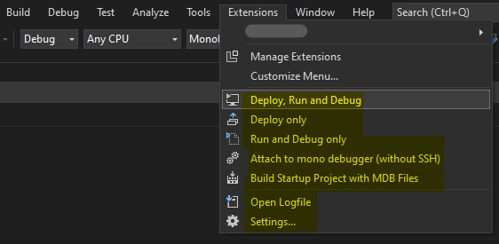 Visual Studio 2022 Extensions Menu