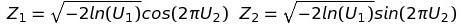 $$Z_1=\sqrt{-2ln(U_1)}cos(2\pi U_2)\Z_2=\sqrt{-2ln(U_1)}sin(2\pi U_2)$$