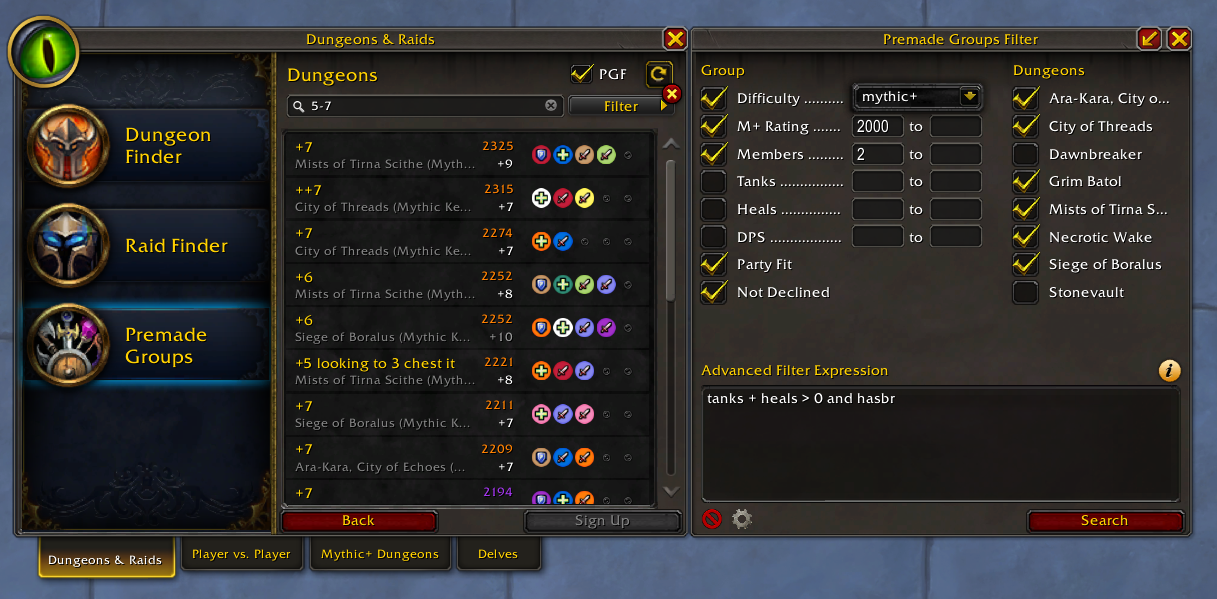 Premade Groups Filter next to the LFG Premade Groups window filtering for all mythic dungeons that still need a tank and already have a healer