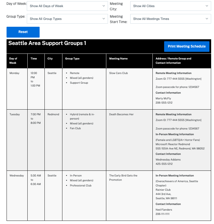 Weekly Meetings List Block on live page