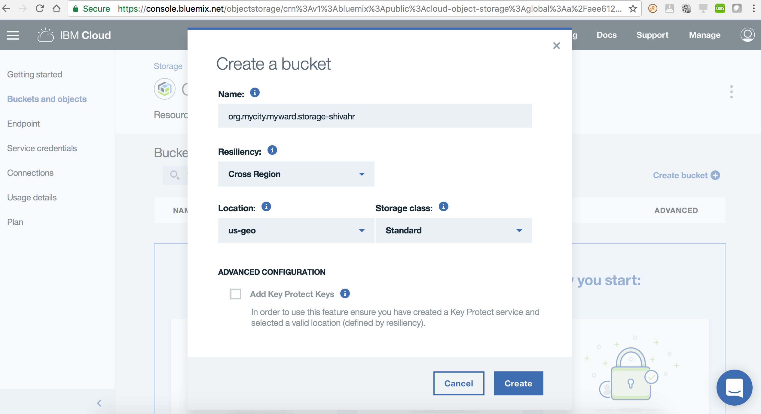 Create a bucket in IBM Cloud Object Storage