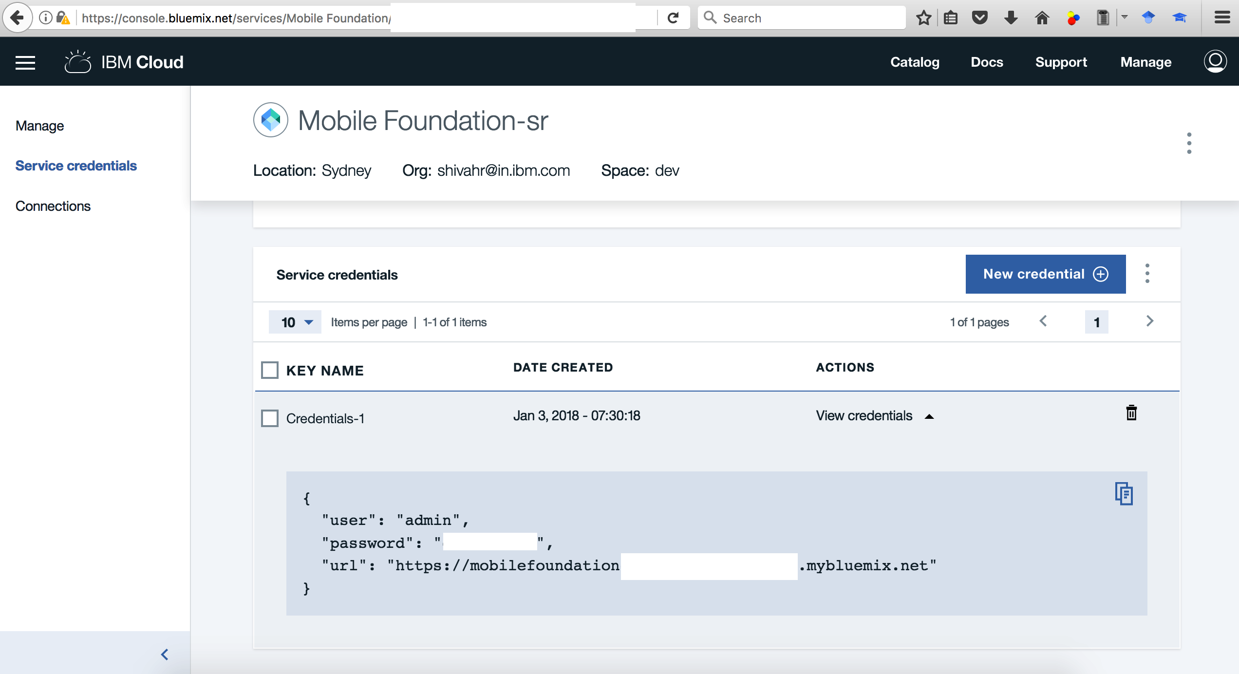 IBM Mobile Foundation service credentials