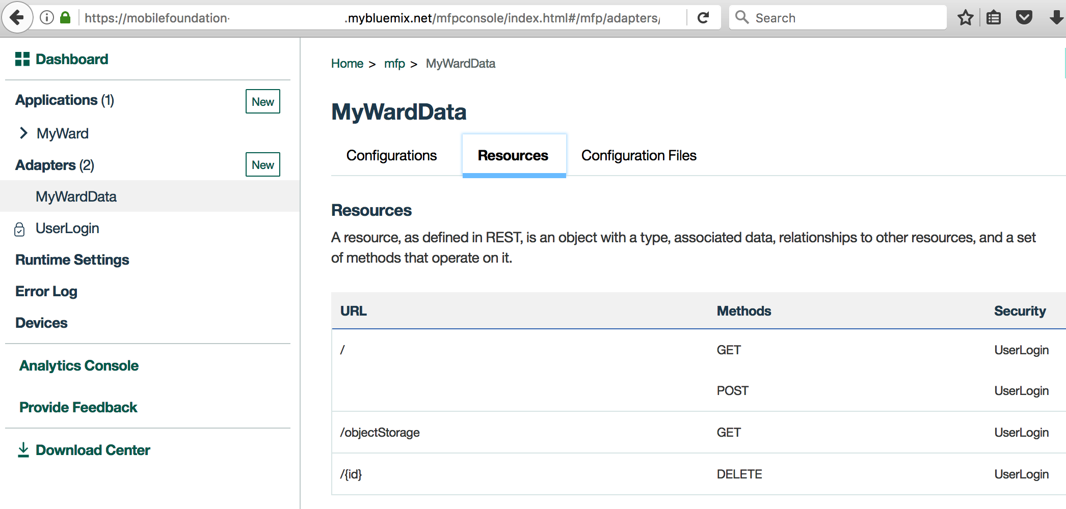 The REST APIs of MyWardData adapter are protected by UserLogin security scope