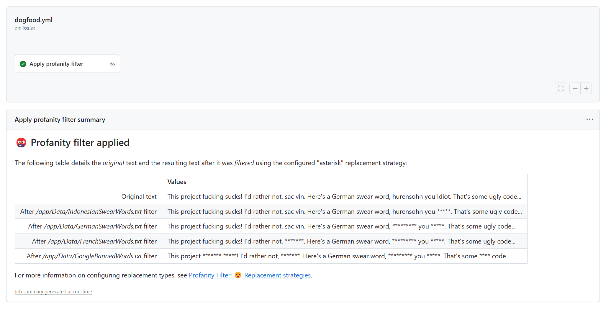 A screenshot of an example job summary, showing the application process of the profanity filter.