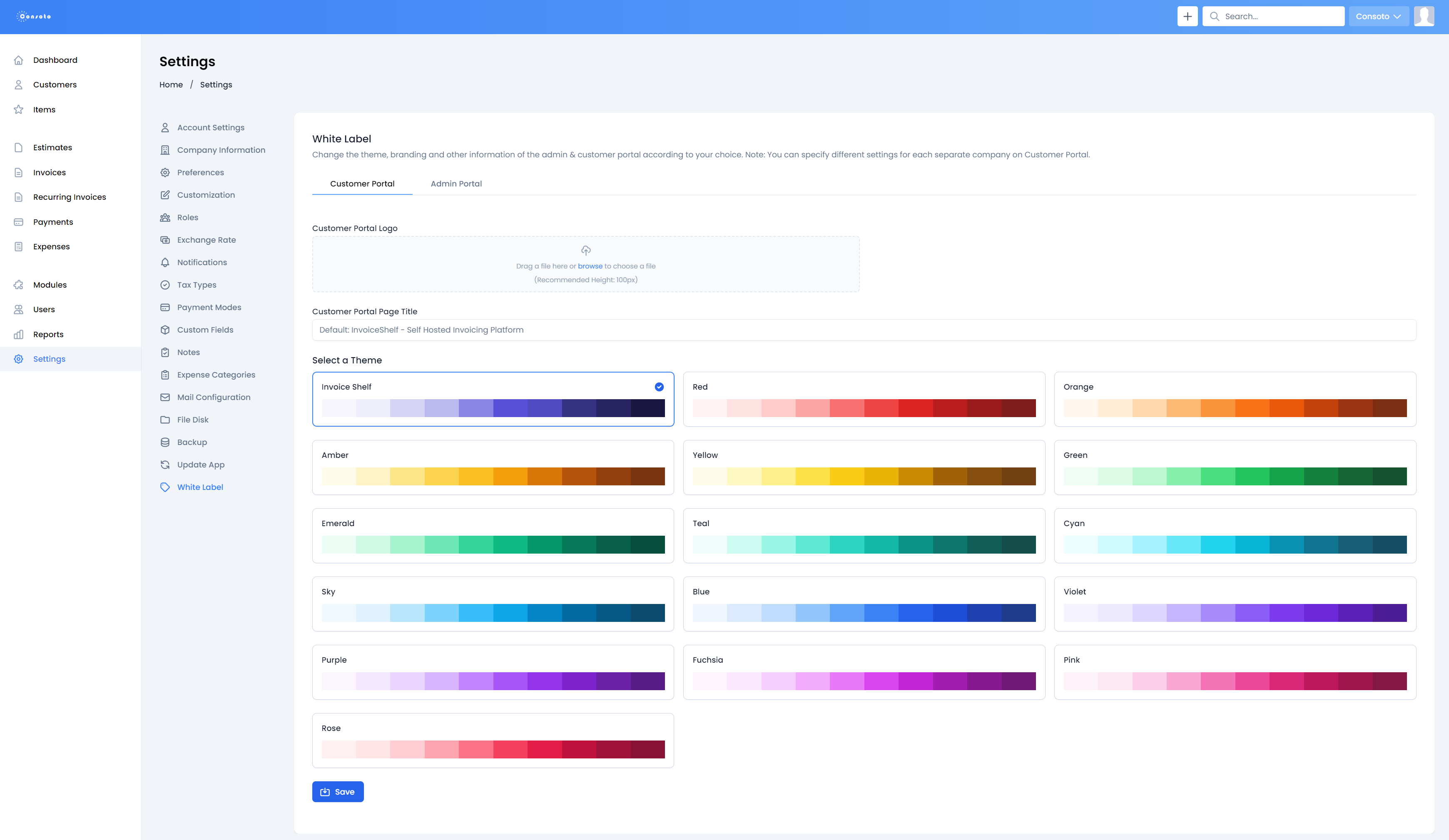 Preview of Invoice Shelf, White Label Settings page