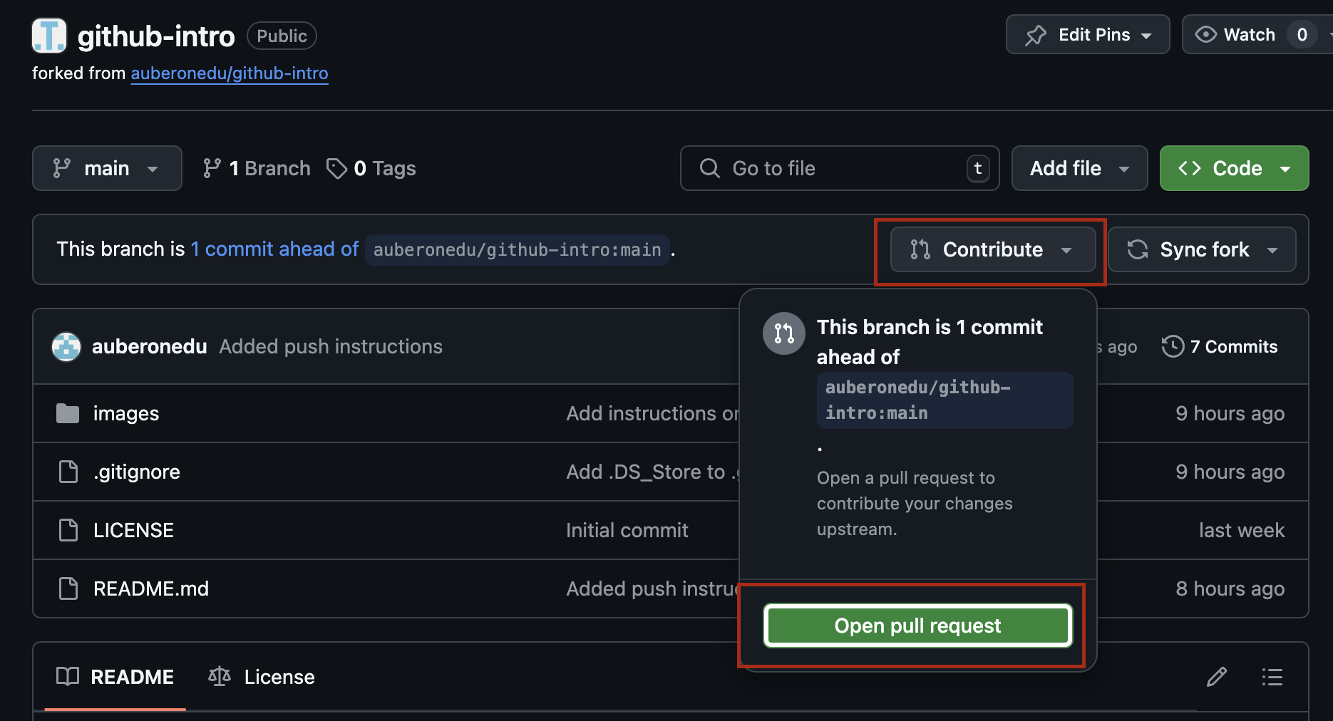 Screenshot showing how to begin opening a pull request