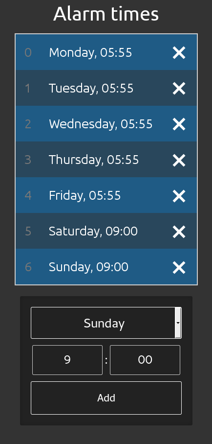 Set alarm times page