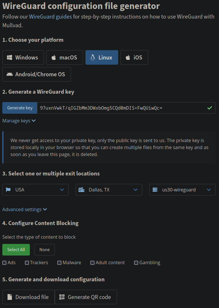 Mullvad WireGuard configuration file generator screenshot