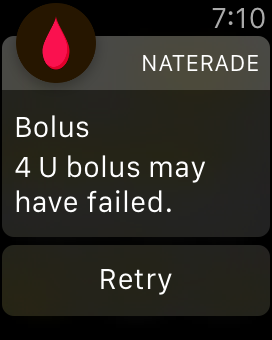 Screenshot of bolus failure notification on Apple Watch